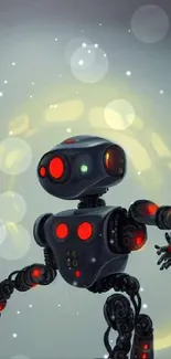 Futuristic robot with glowing lights on a gray background.