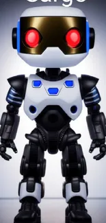 Futuristic robot with black and blue design, red eyes, and tech details.