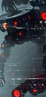 Futuristic robot with neon red accents against a dark gray background.