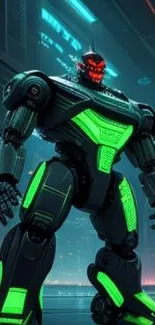 Futuristic neon-accented robot in a sci-fi setting wallpaper.