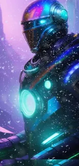 Futuristic robot with neon colors in a snowy purple landscape.