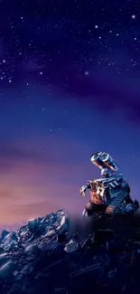 Robot gazing at a starry night sky on a rocky landscape.