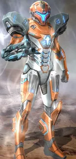 Futuristic robot standing on Mars with orange armor.