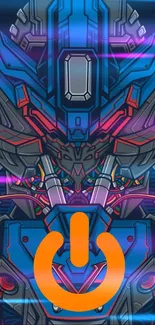 Futuristic robot with orange power symbol on blue background.