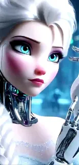 Futuristic robot princess with intricate designs and vivid colors in a sci-fi setting.