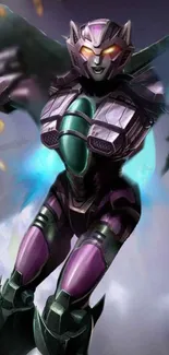 Futuristic robot in a sci-fi action scene with purple and teal highlights.