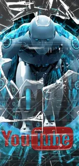 Futuristic robot breaking through a digital screen with blue and tech elements.