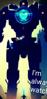 Futuristic robot silhouette with a vibrant blue light on mobile wallpaper.