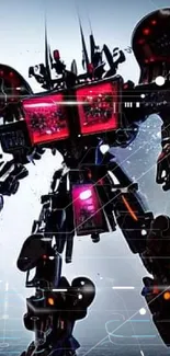 Futuristic robot silhouette with glowing red lights and misty background.