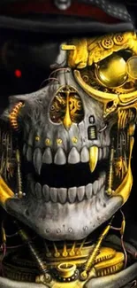 Futuristic metallic skull with gears and gold accents in sci-fi style.