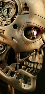 Golden robotic skull with intricate metal details.