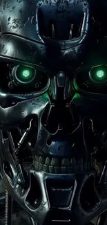 Futuristic robot skull with glowing green eyes