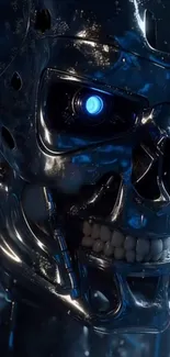 Futuristic shiny robot skull with blue eyes glowing.