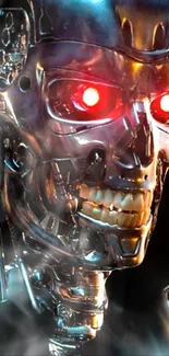 Futuristic robot skull wallpaper with glowing red eyes and metallic finish.