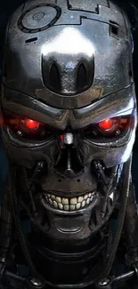 Futuristic robot skull with glowing red eyes on a dark background.