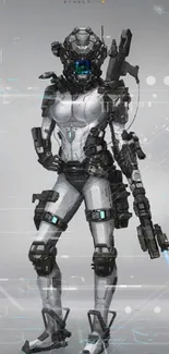 Futuristic robot soldier with sleek armor design on a gray background.