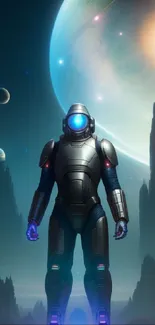 Futuristic robot standing on alien planet with planets and stars.