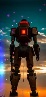 Silhouette of a robot against a teal and orange sunset with vibrant colors.