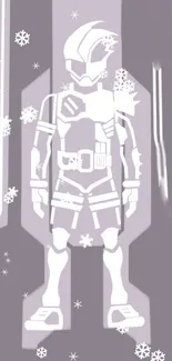 Futuristic robot with lavender background and snowflake accents.