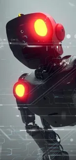 Futuristic robot with glowing red eyes on a dark gray background.