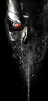 Dark futuristic robot wallpaper with glowing red eye on black background.