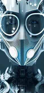 Futuristic metallic robot with glowing blue eyes and stars on a dark background.