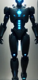 Futuristic metallic robot with blue neon lights standing tall.