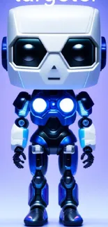 Futuristic robot with a blue glow standing against a vivid background.