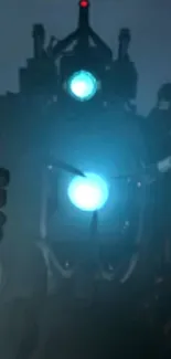 Futuristic robot with glowing blue lights on a dark background.