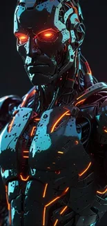 Futuristic robot with glowing eyes and metallic design.