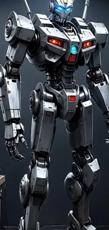 Futuristic robot standing in a high-tech room.