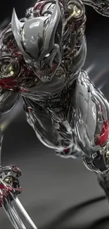 Futuristic robot in dynamic pose with sleek metallic armor.