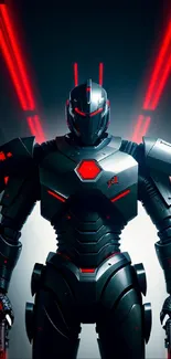 Futuristic black and red robot standing boldly.