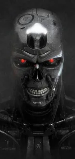 Futuristic robot with glowing red eyes, dark theme wallpaper.