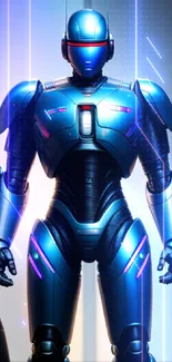 Futuristic robot with neon accents on a blue background.