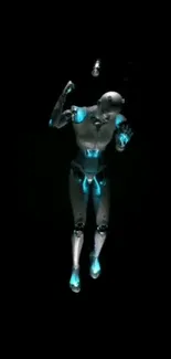 Futuristic robot glowing in darkness.