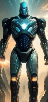 Futuristic robot standing with glowing armor and a sci-fi background.