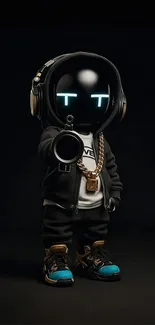 Futuristic robot with neon eyes in dark setting.