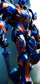 Futuristic blue and orange robot warrior artwork.