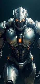 Futuristic robot warrior with glowing accents on a dark background.