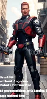 Futuristic red and black robot in cityscape with a cloudy sky.