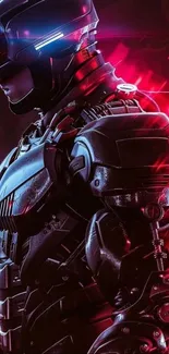Futuristic robot warrior with red lighting