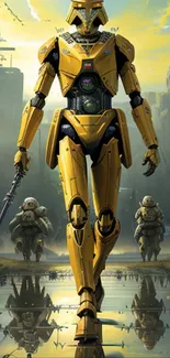 Futuristic robot warrior with companions in a sci-fi landscape.