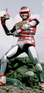 Futuristic robot warrior in action pose on rocky terrain.