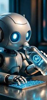 Cute robot with glowing eyes holding AI water bottle.