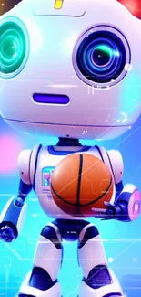 Futuristic robot holding basketball with a bright, colorful background.