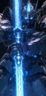 Futuristic robot with a glowing blue energy sword in a dark setting.