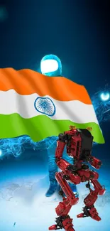 Futuristic robot holding an Indian flag on a blue background.