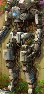 Detailed robot with flowers in garden setting