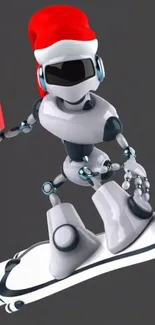 Animated robot wearing Santa hat with gift.